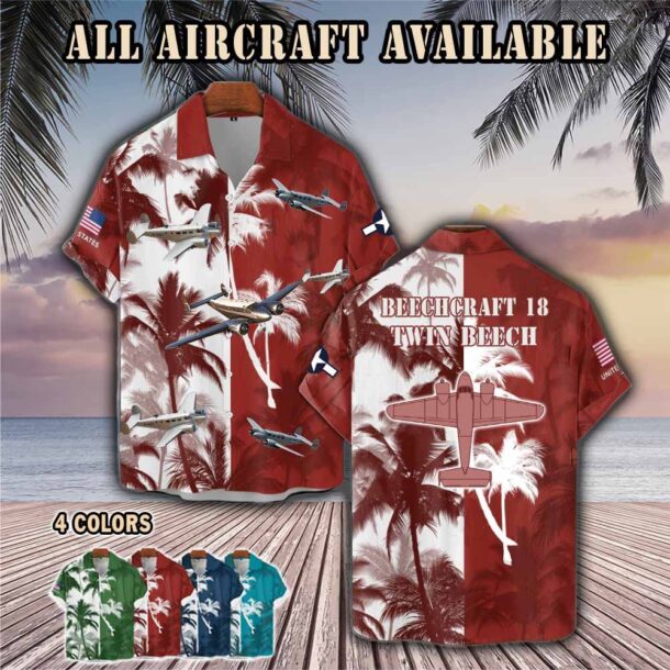 beechcraft model 18 twin beech c45aircraft palm tree pocket hawaiian shirt j2ci7