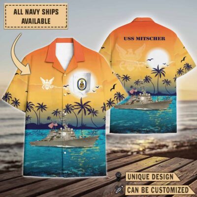 uss mitscher ddg 57sunset hawaiian shirt o0i1g