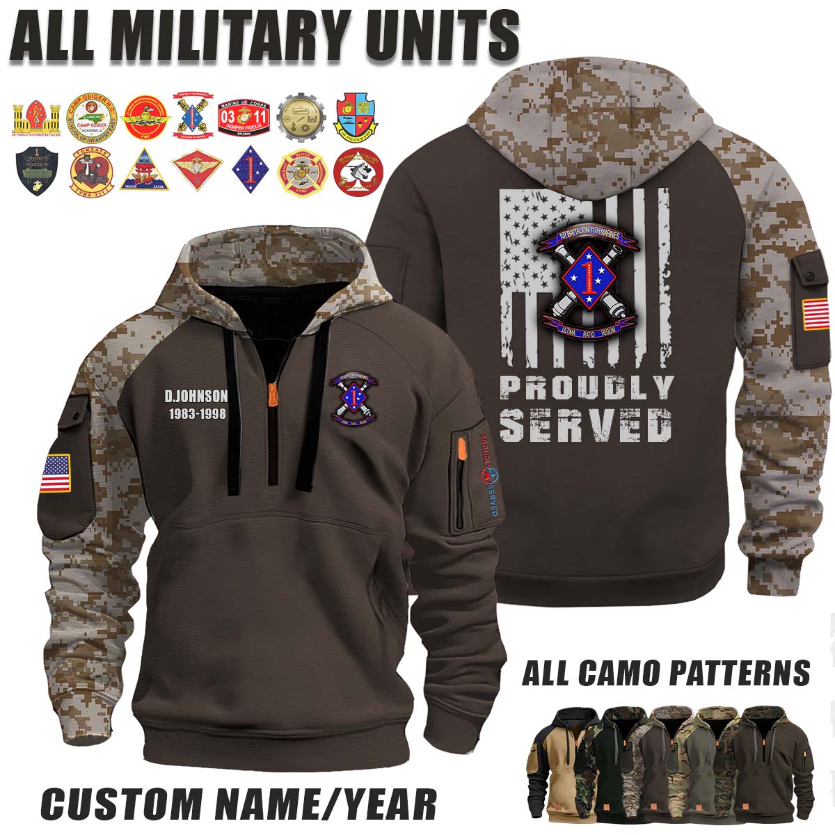1-11 Marines 1st Battalion 11th Marines_Camo Halfzip Hoodie