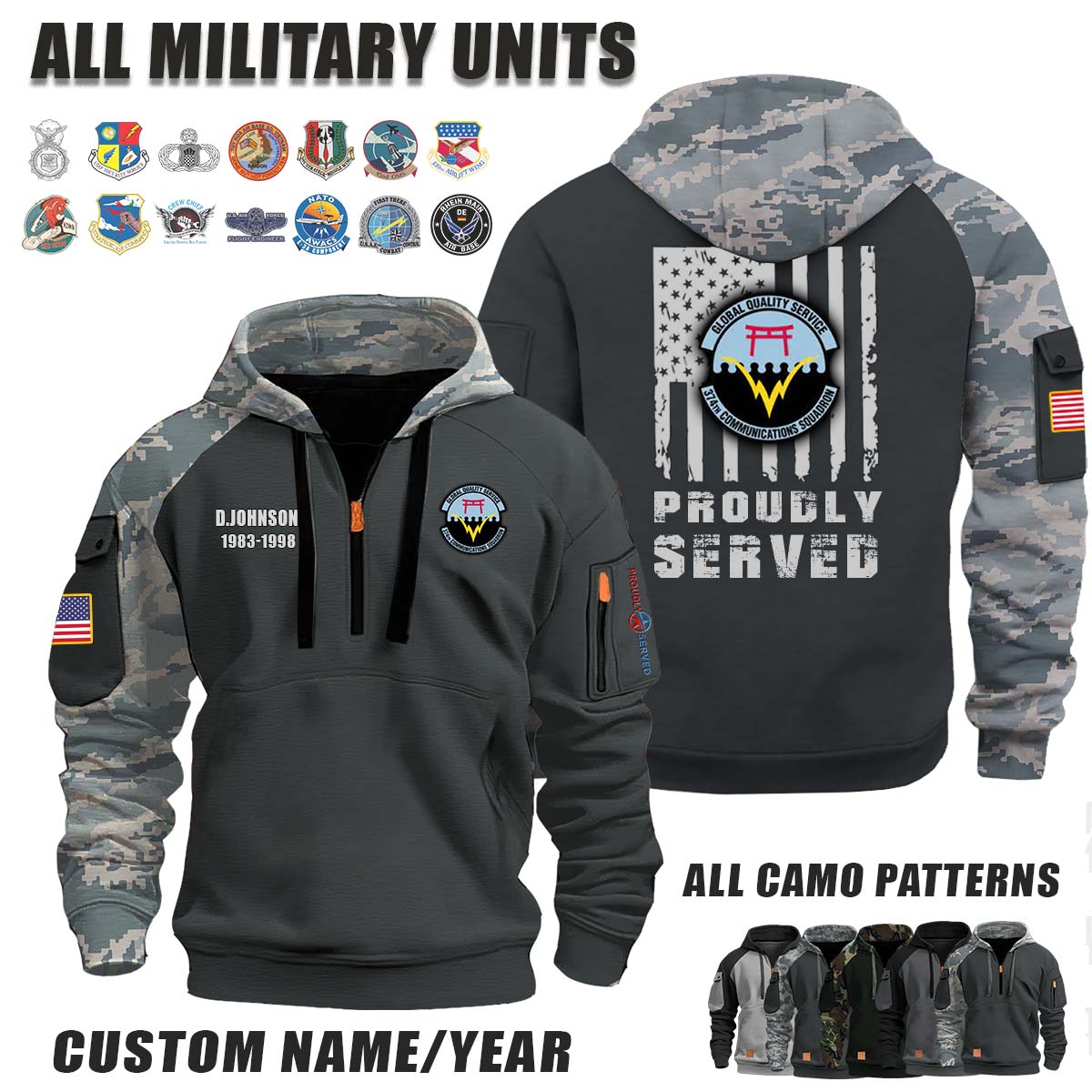 374th CS Communications Squadron_Camo Halfzip Hoodie
