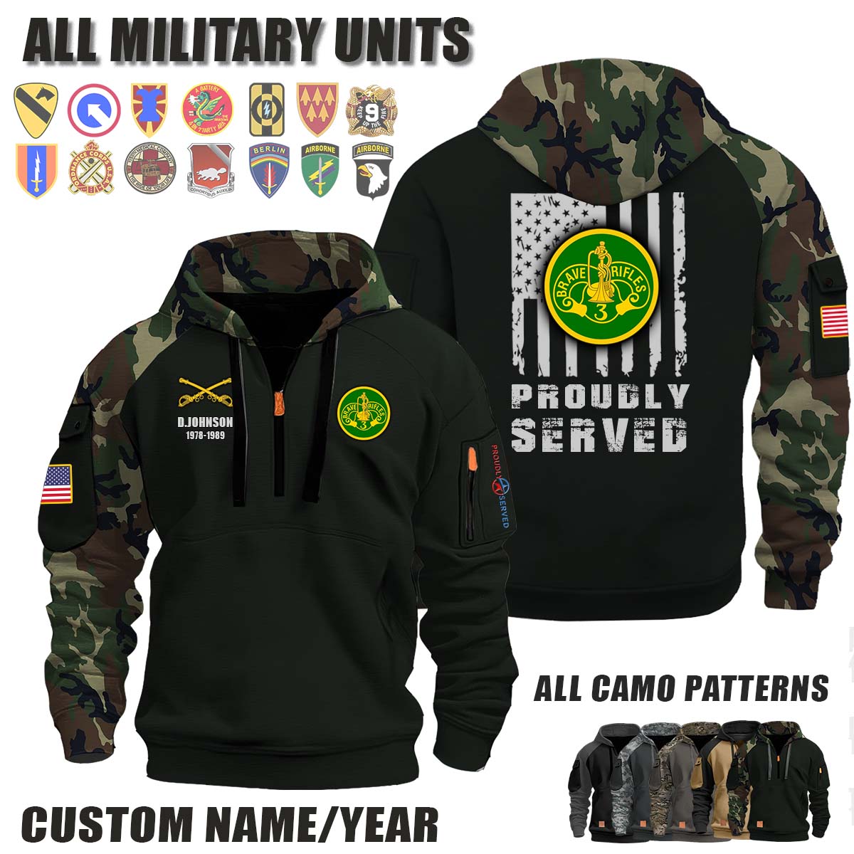 3rd ACR 3rd Armored Cavalry Regiment, Brave Rifles_Camo Halfzip Hoodie