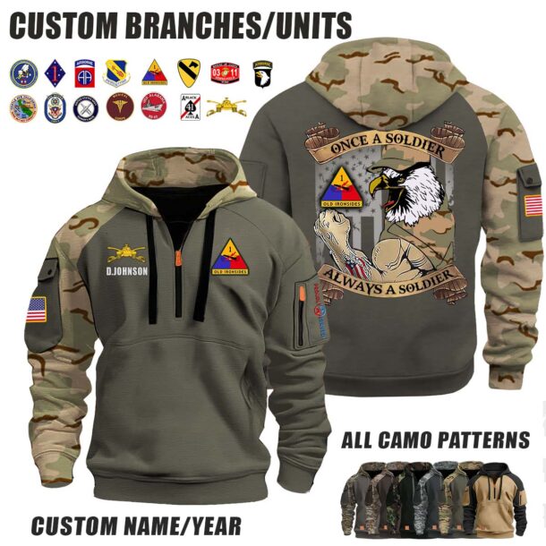 Custom US Army Vet Eagle Once A Soldier Camo Halfzip Hoodie 3