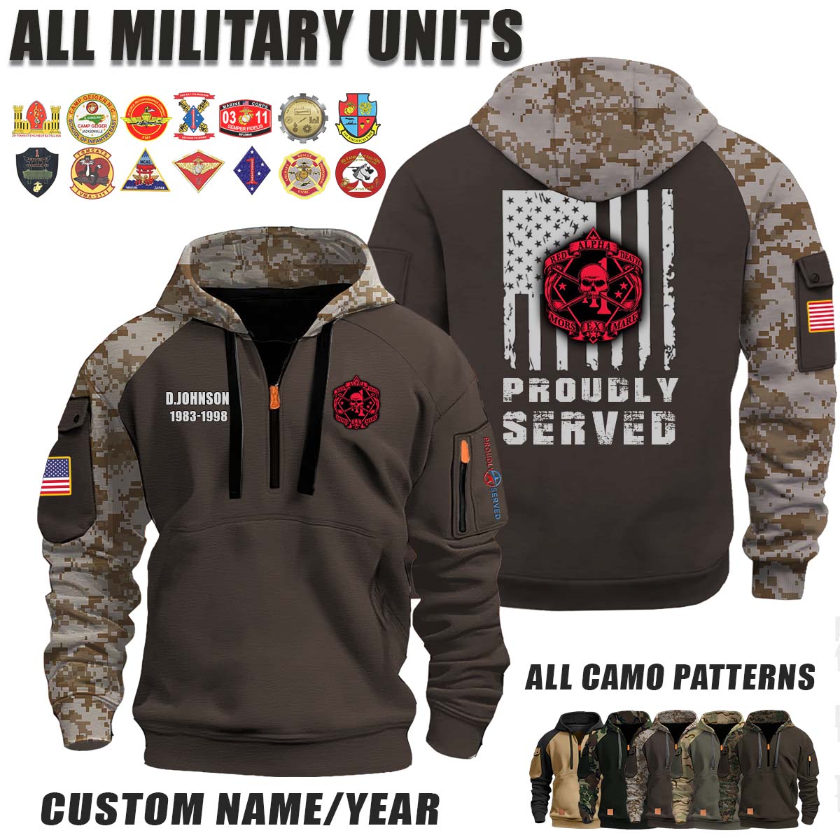 Alpha Company 1-1 Marines, Red Death_Camo Halfzip Hoodie