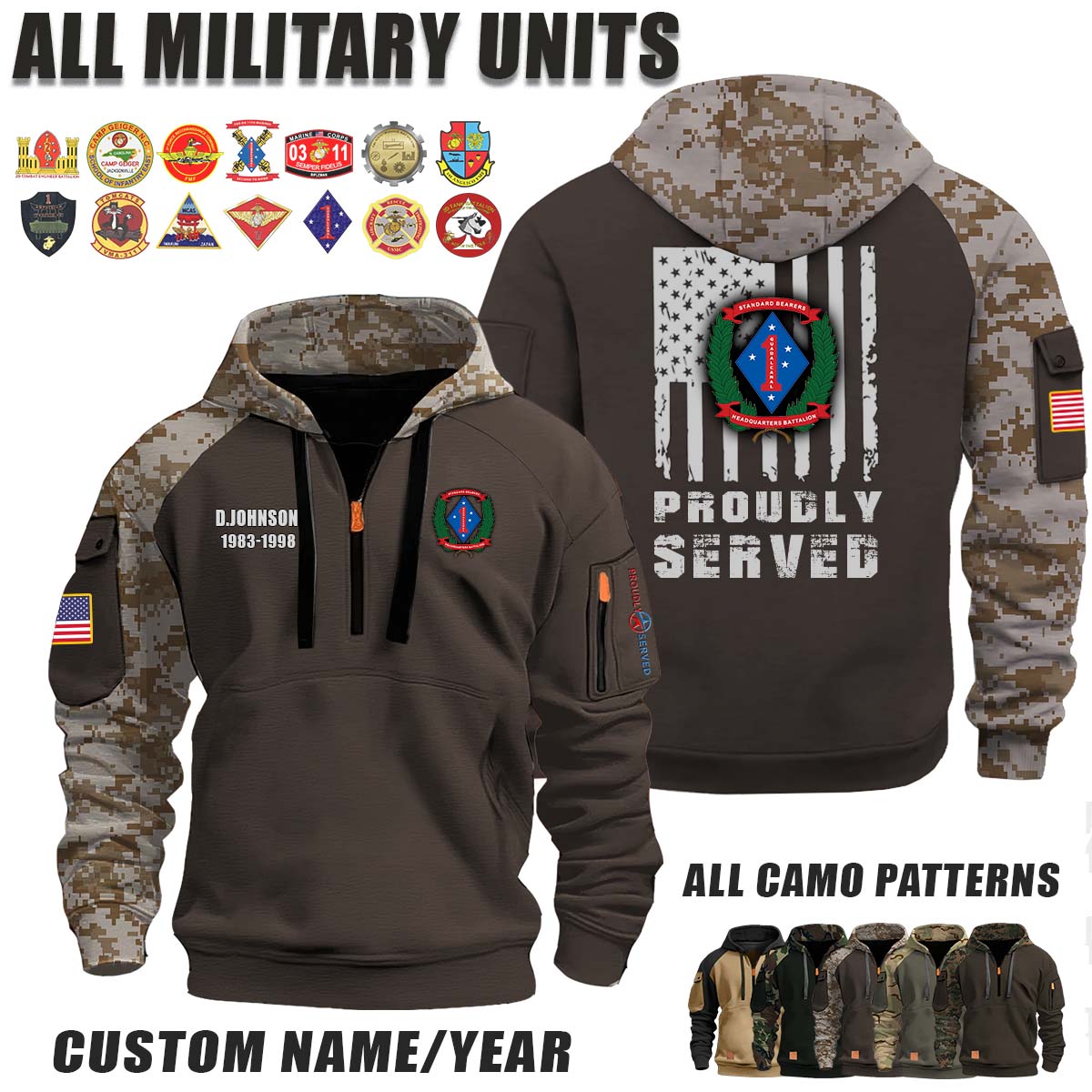 Headquarters Battalion 1st Marine Division_Camo Halfzip Hoodie