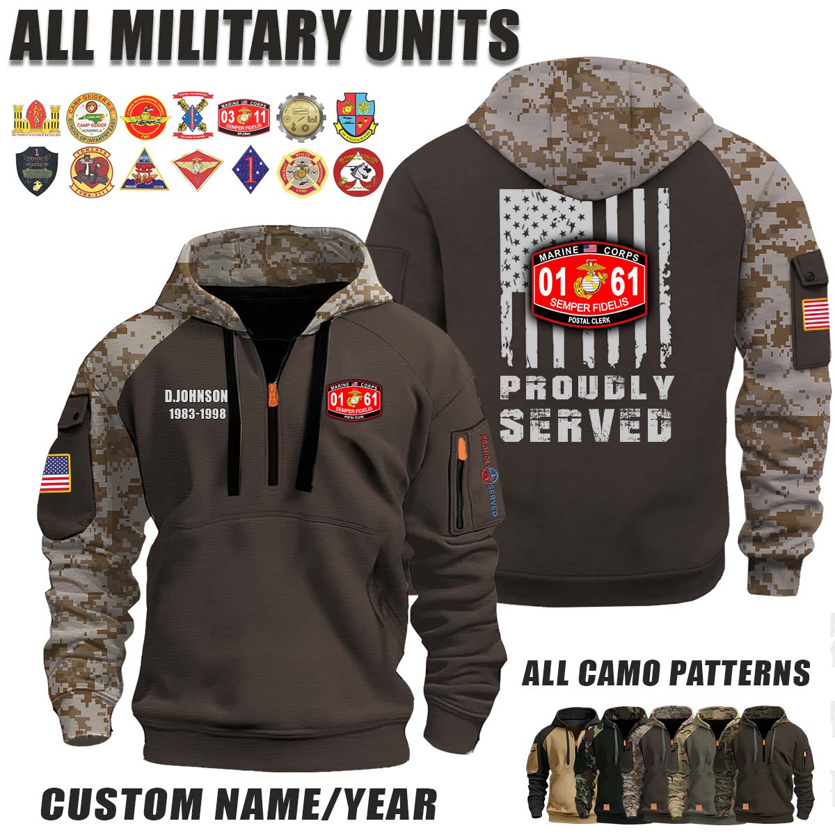 USMC MOS 0161 Postal Clerk_Camo Halfzip Hoodie
