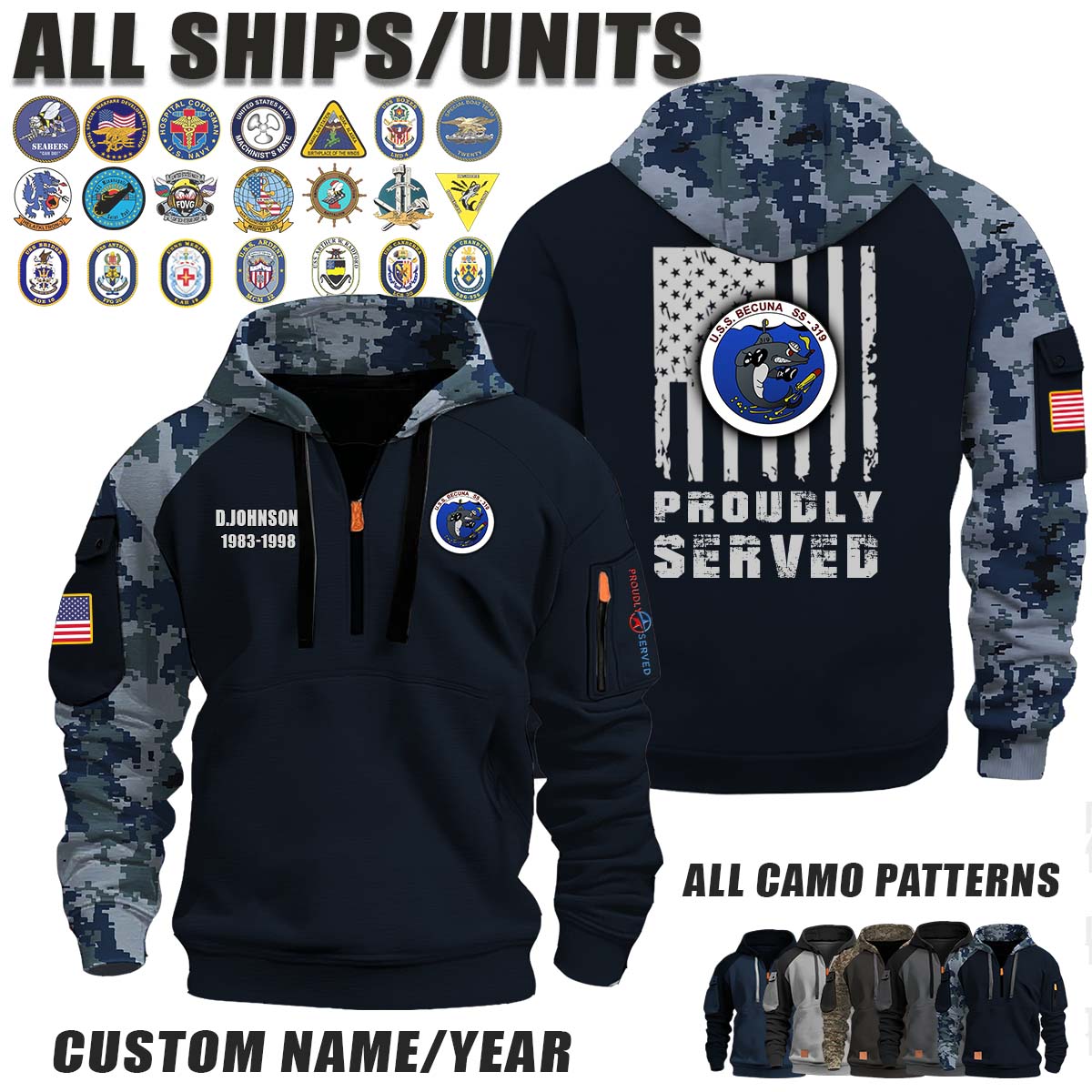 USS Becuna (SS-319)_Camo Halfzip Hoodie
