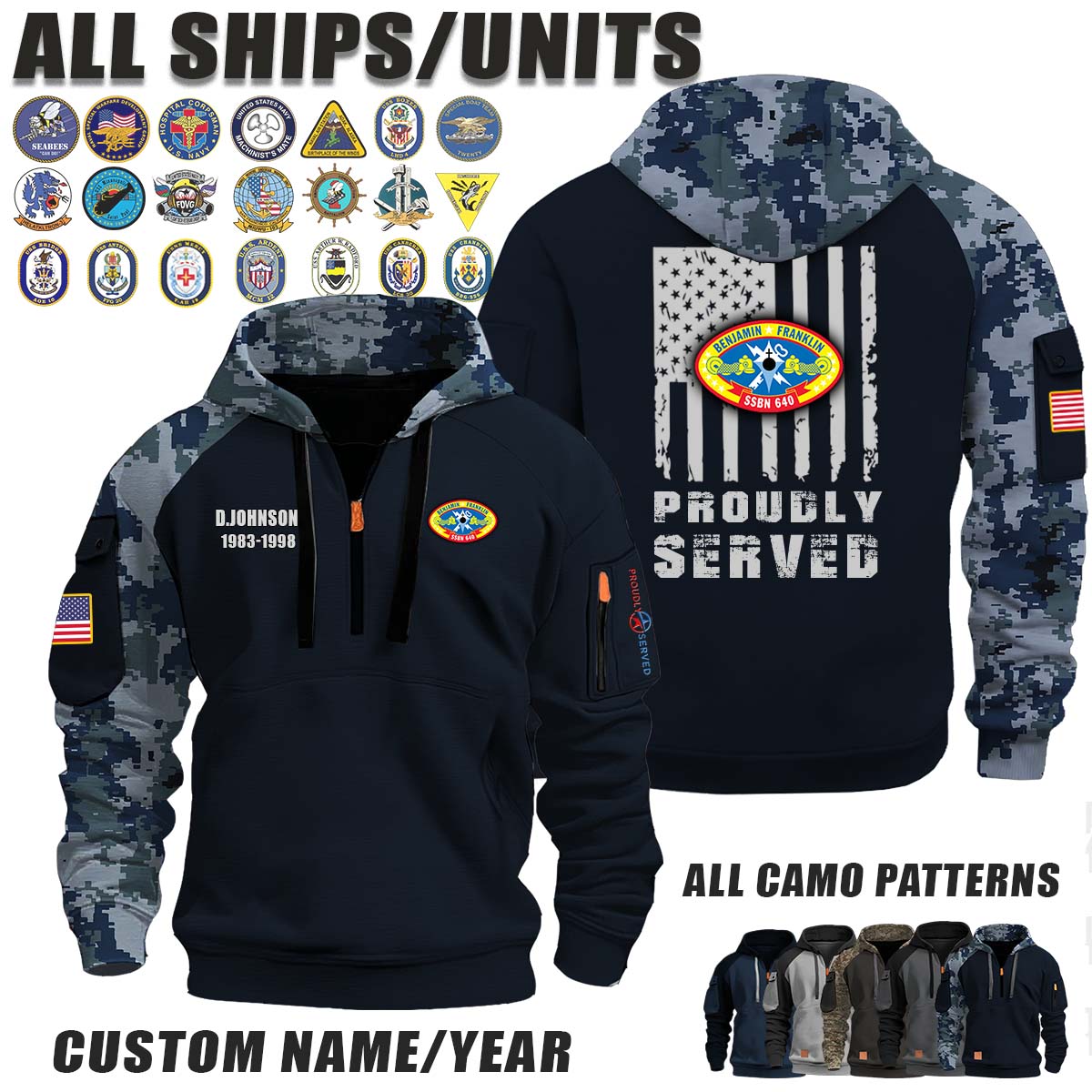 USS Benjamin Franklin (SSBN 640)_Camo Halfzip Hoodie
