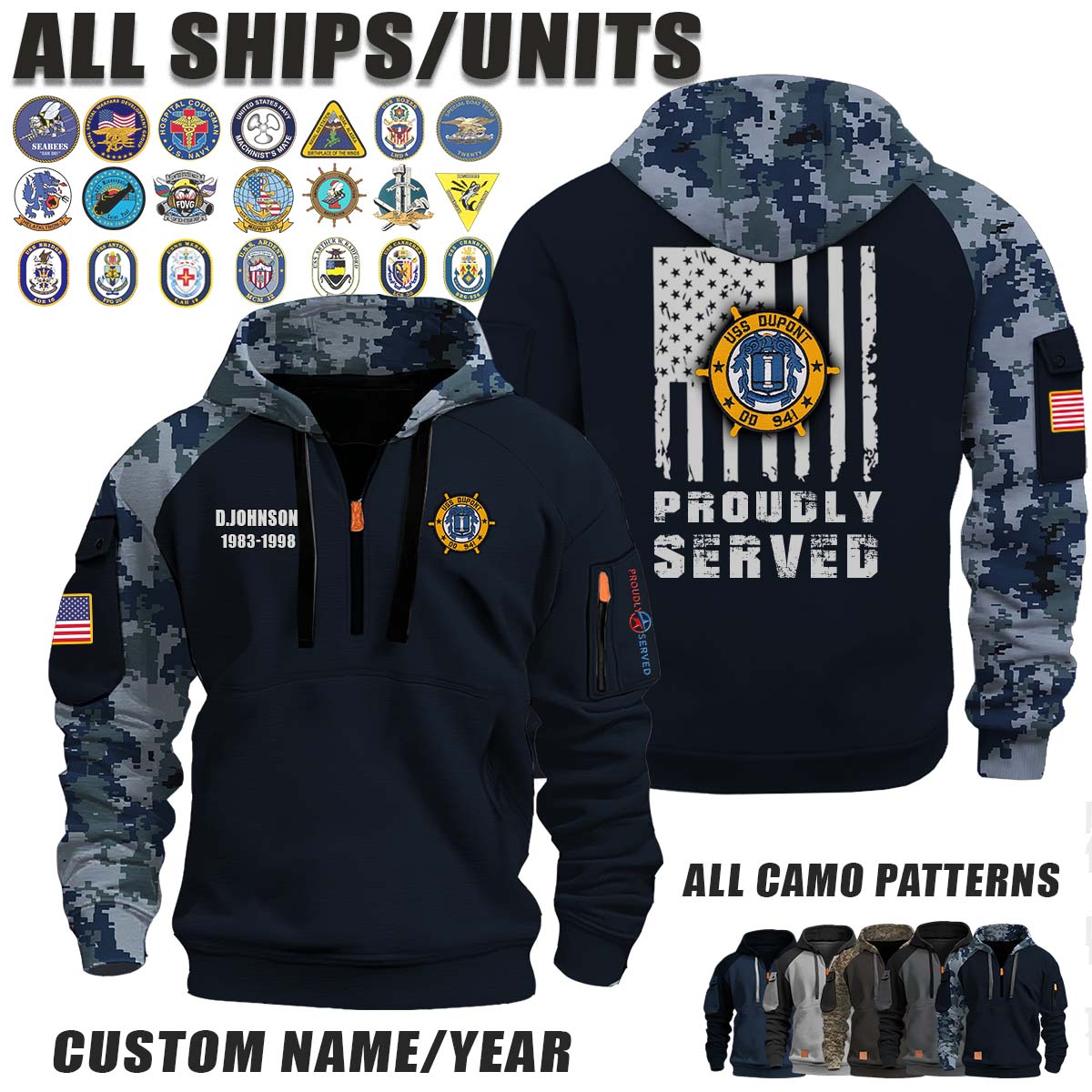 USS Dupont (DD-941)_Camo Halfzip Hoodie