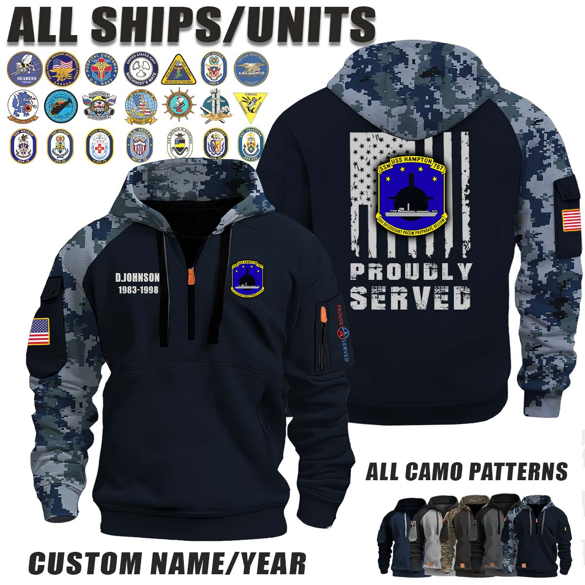 USS Hampton (SSN-767)_Camo Halfzip Hoodie