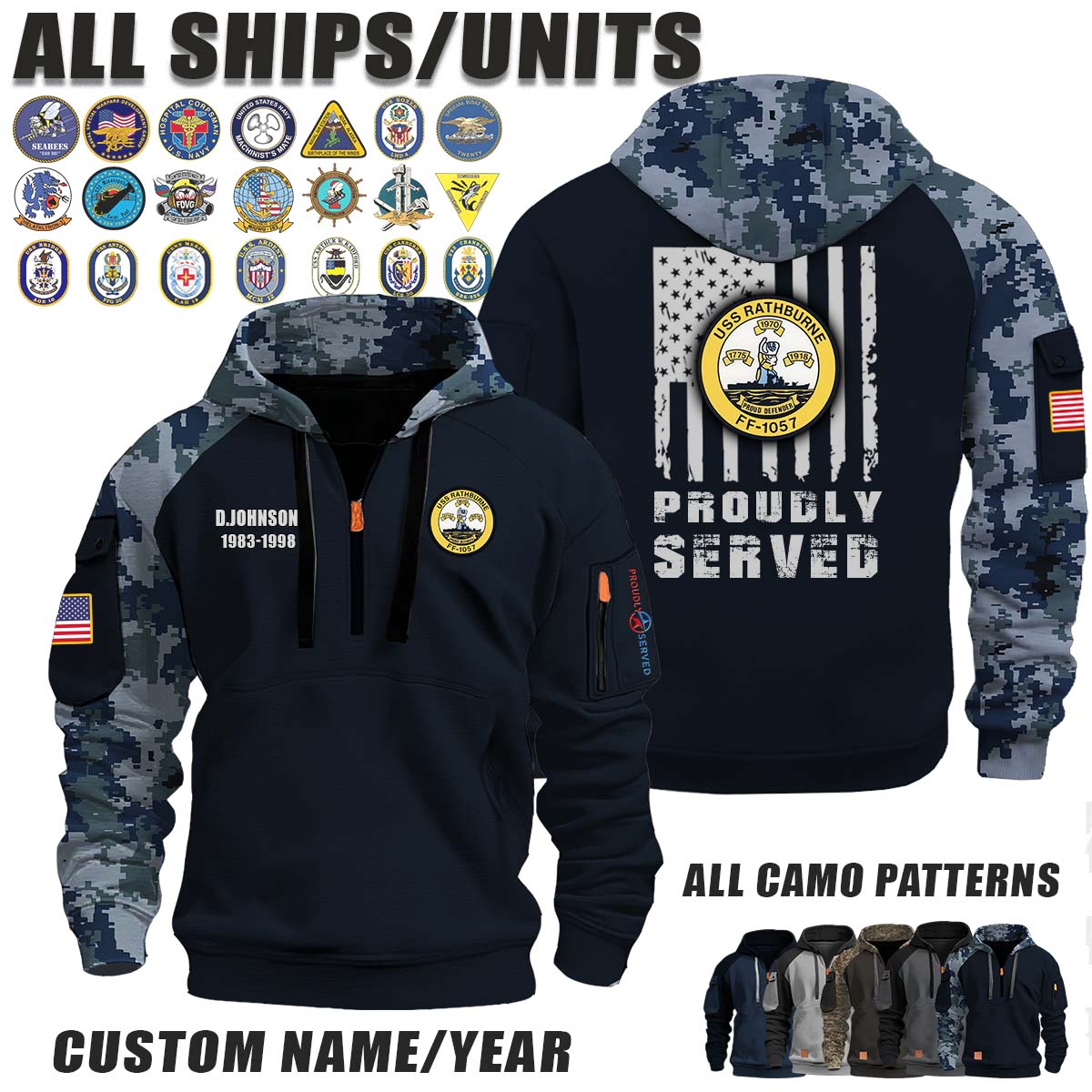 USS Rathburne (FF-1057)_Camo Halfzip Hoodie