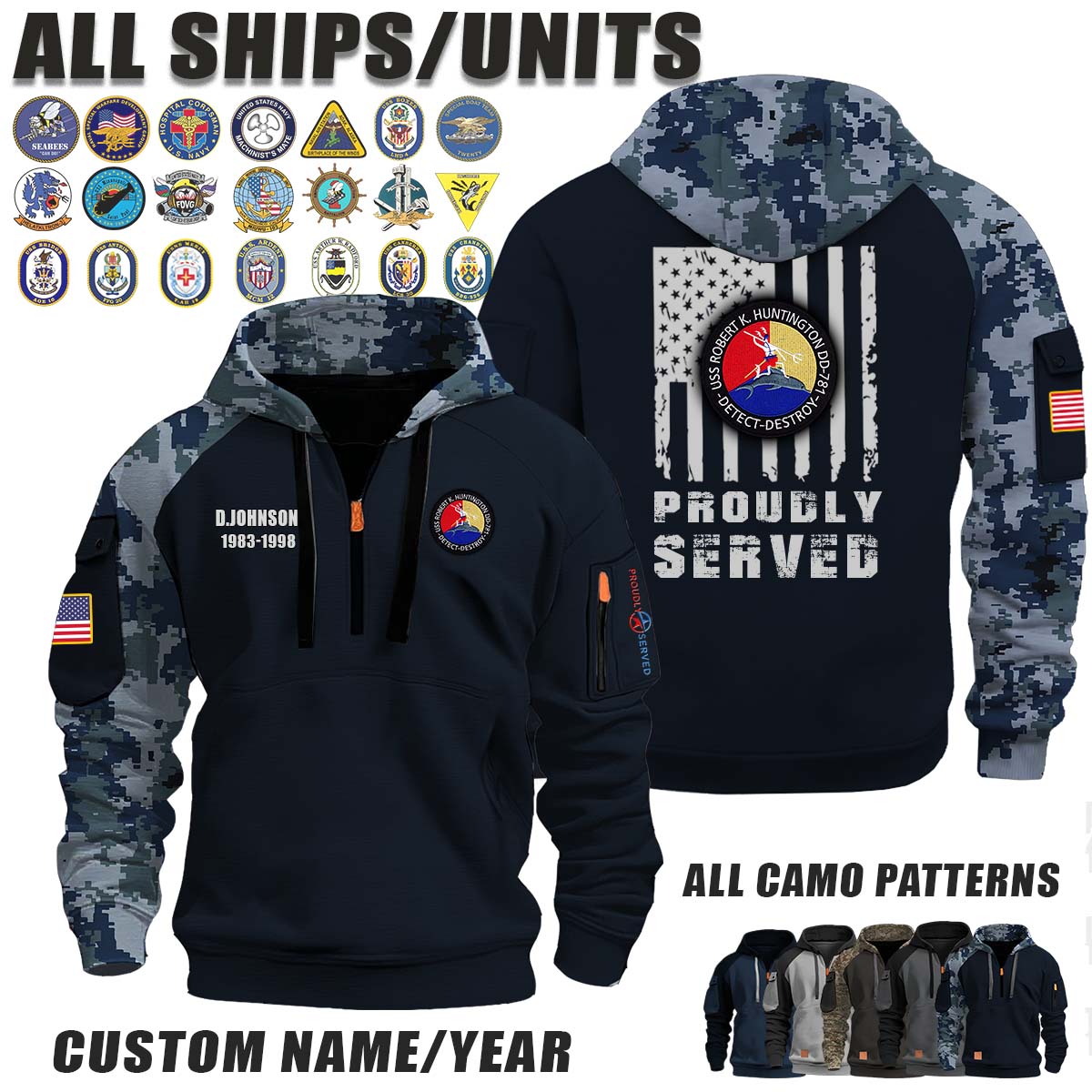 USS Robert K. Huntington (DD-781)_Camo Halfzip Hoodie